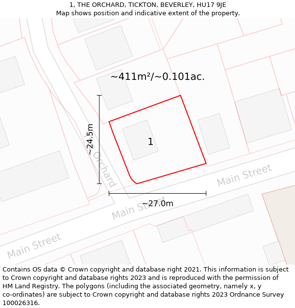 1, THE ORCHARD, TICKTON, BEVERLEY, HU17 9JE: Plot and title map