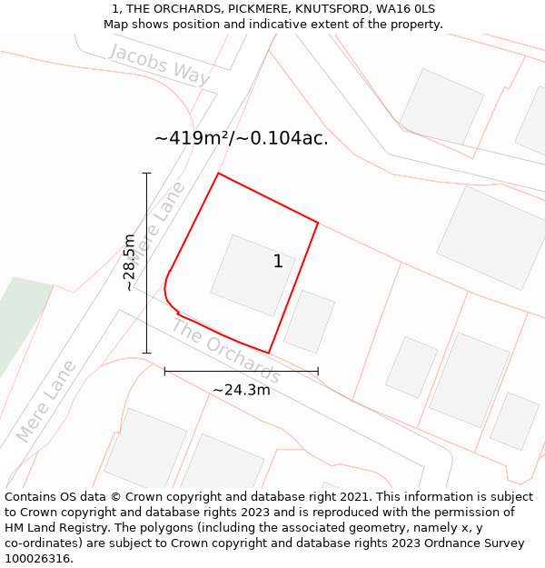 1, THE ORCHARDS, PICKMERE, KNUTSFORD, WA16 0LS: Plot and title map