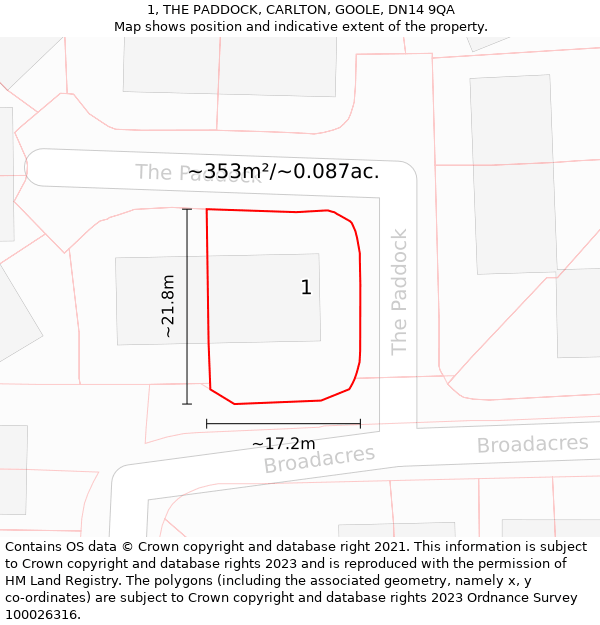 1, THE PADDOCK, CARLTON, GOOLE, DN14 9QA: Plot and title map