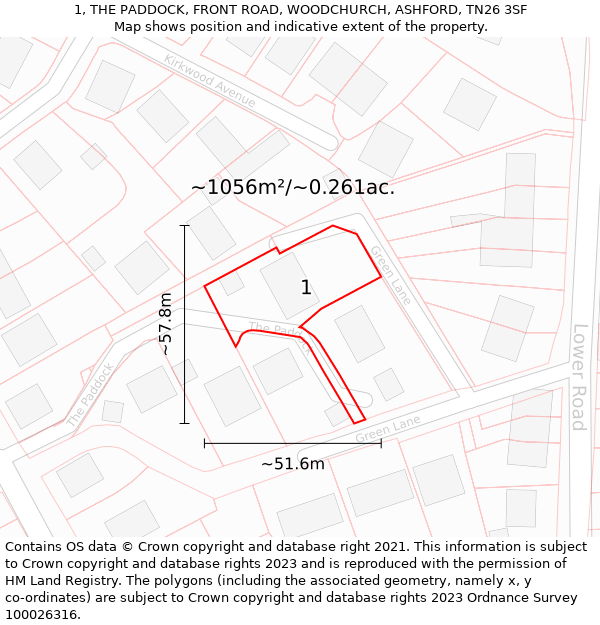 1, THE PADDOCK, FRONT ROAD, WOODCHURCH, ASHFORD, TN26 3SF: Plot and title map