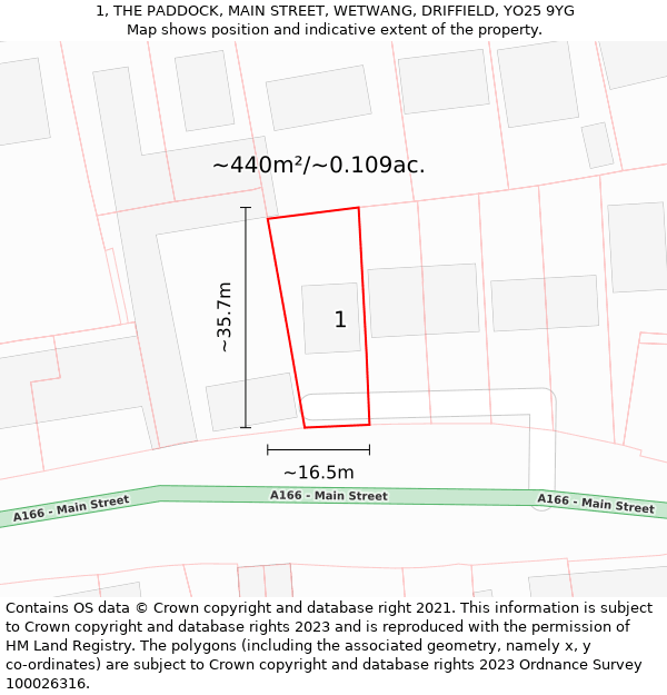 1, THE PADDOCK, MAIN STREET, WETWANG, DRIFFIELD, YO25 9YG: Plot and title map