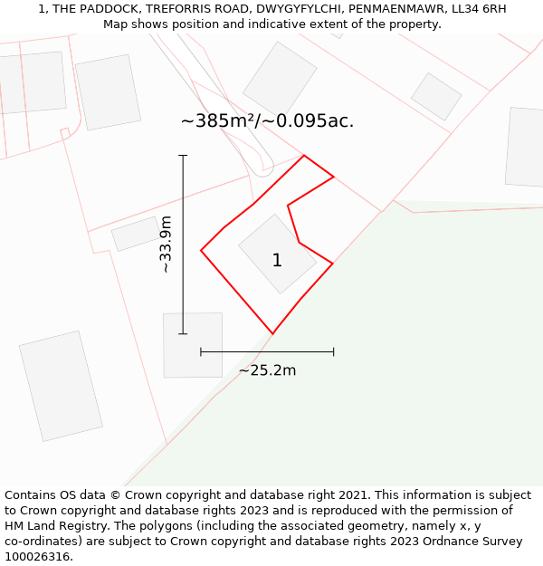 1, THE PADDOCK, TREFORRIS ROAD, DWYGYFYLCHI, PENMAENMAWR, LL34 6RH: Plot and title map