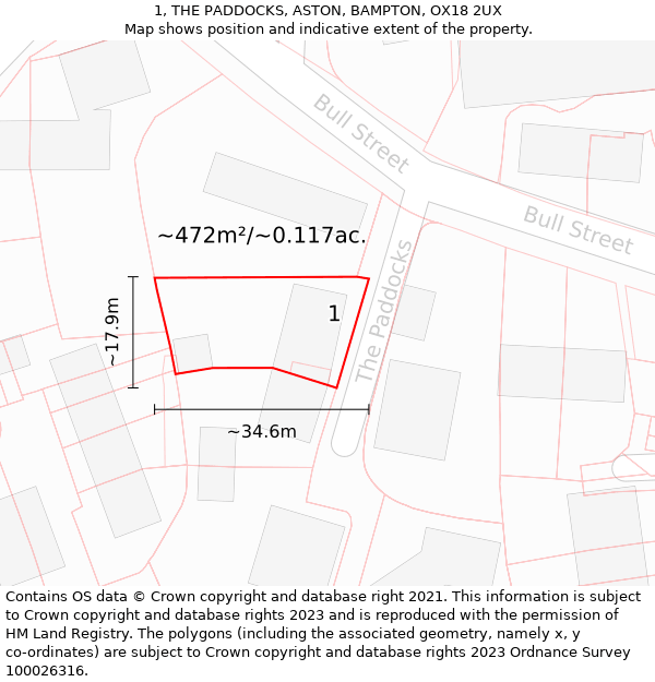 1, THE PADDOCKS, ASTON, BAMPTON, OX18 2UX: Plot and title map