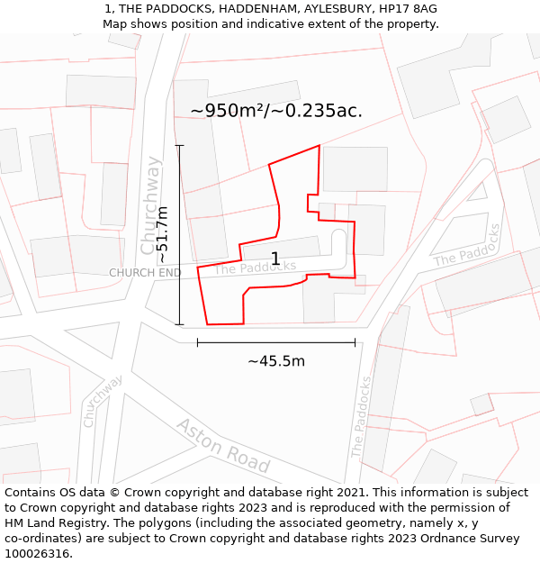 1, THE PADDOCKS, HADDENHAM, AYLESBURY, HP17 8AG: Plot and title map