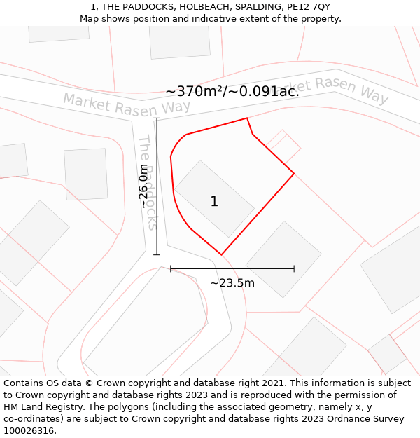 1, THE PADDOCKS, HOLBEACH, SPALDING, PE12 7QY: Plot and title map