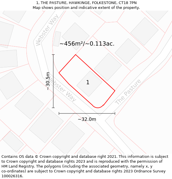 1, THE PASTURE, HAWKINGE, FOLKESTONE, CT18 7PN: Plot and title map