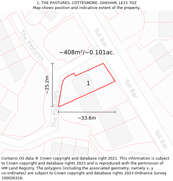 1, THE PASTURES, COTTESMORE, OAKHAM, LE15 7DZ: Plot and title map