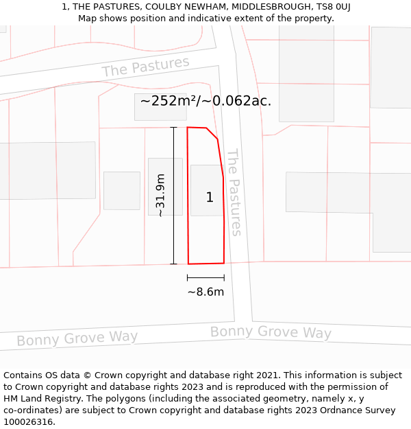 1, THE PASTURES, COULBY NEWHAM, MIDDLESBROUGH, TS8 0UJ: Plot and title map