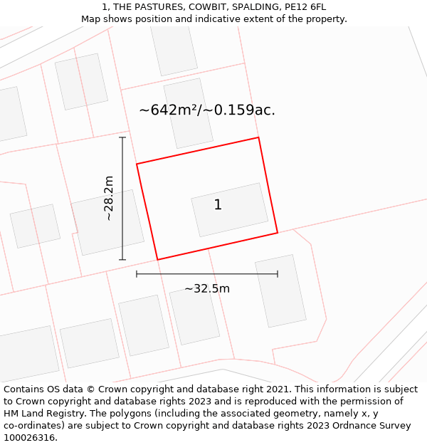 1, THE PASTURES, COWBIT, SPALDING, PE12 6FL: Plot and title map