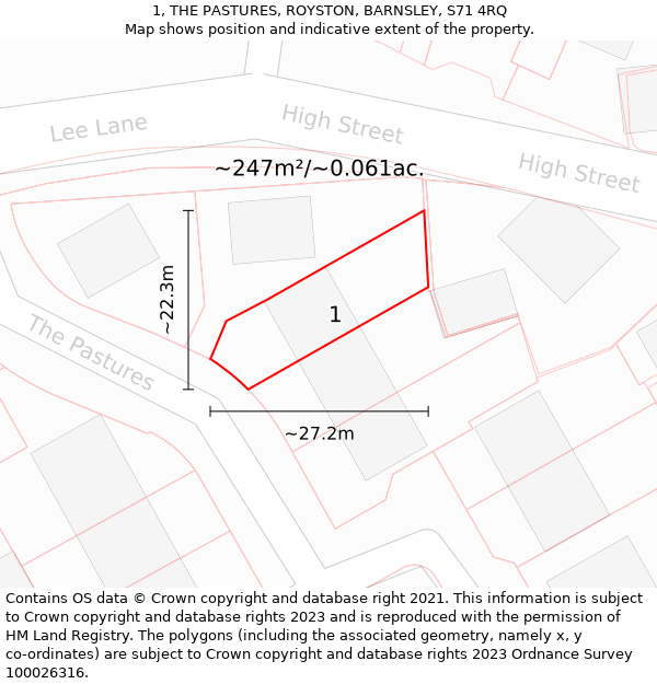 1, THE PASTURES, ROYSTON, BARNSLEY, S71 4RQ: Plot and title map