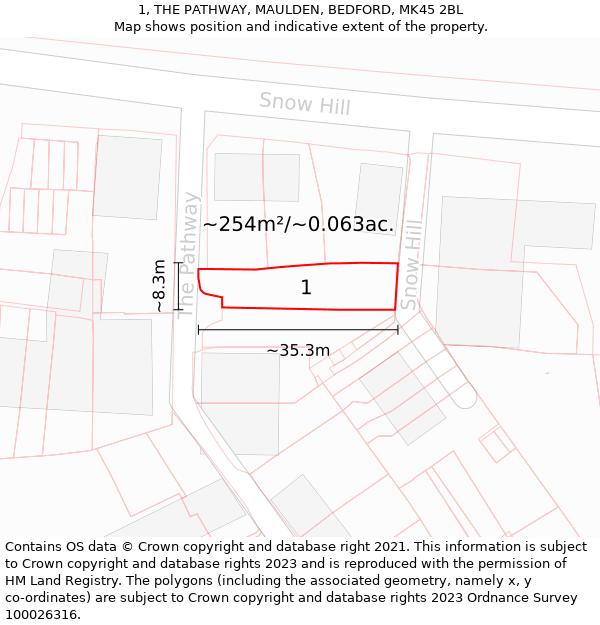 1, THE PATHWAY, MAULDEN, BEDFORD, MK45 2BL: Plot and title map