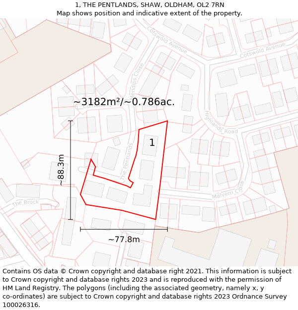 1, THE PENTLANDS, SHAW, OLDHAM, OL2 7RN: Plot and title map