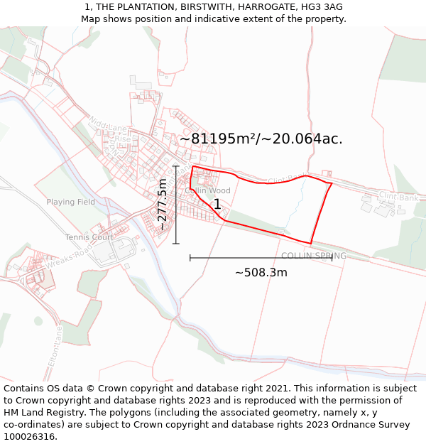 1, THE PLANTATION, BIRSTWITH, HARROGATE, HG3 3AG: Plot and title map