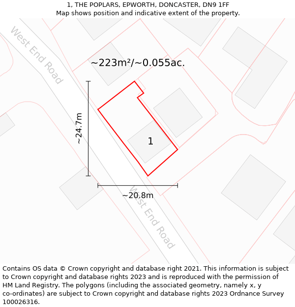 1, THE POPLARS, EPWORTH, DONCASTER, DN9 1FF: Plot and title map