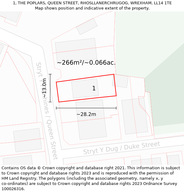 1, THE POPLARS, QUEEN STREET, RHOSLLANERCHRUGOG, WREXHAM, LL14 1TE: Plot and title map