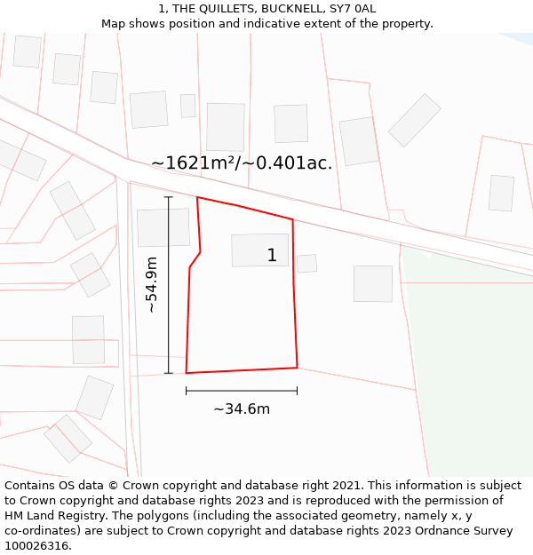 1, THE QUILLETS, BUCKNELL, SY7 0AL: Plot and title map