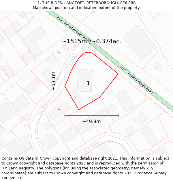 1, THE RIDES, LANGTOFT, PETERBOROUGH, PE6 9RR: Plot and title map