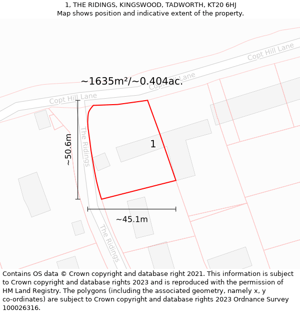 1, THE RIDINGS, KINGSWOOD, TADWORTH, KT20 6HJ: Plot and title map