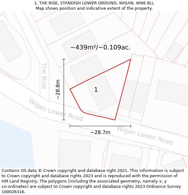 1, THE RISE, STANDISH LOWER GROUND, WIGAN, WN6 8LL: Plot and title map