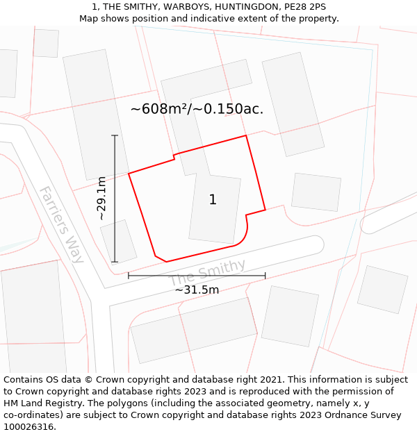 1, THE SMITHY, WARBOYS, HUNTINGDON, PE28 2PS: Plot and title map