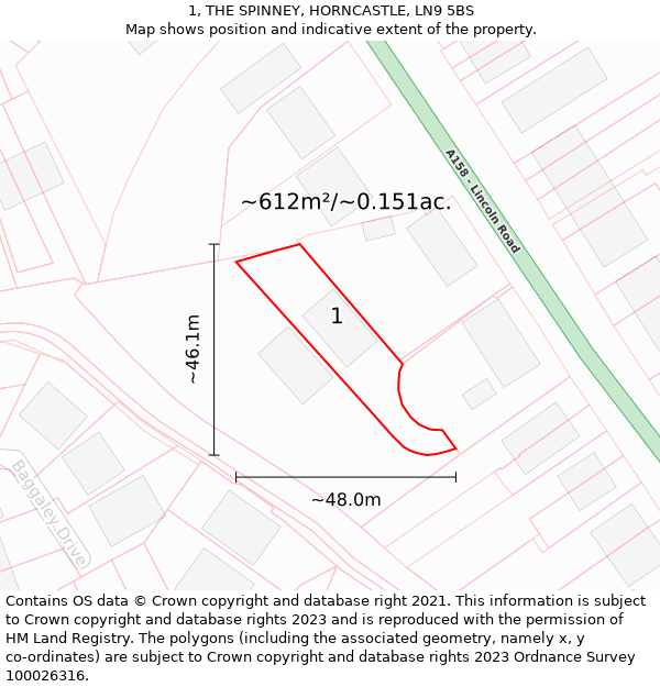 1, THE SPINNEY, HORNCASTLE, LN9 5BS: Plot and title map