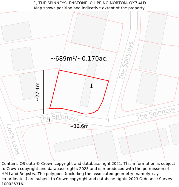 1, THE SPINNEYS, ENSTONE, CHIPPING NORTON, OX7 4LD: Plot and title map