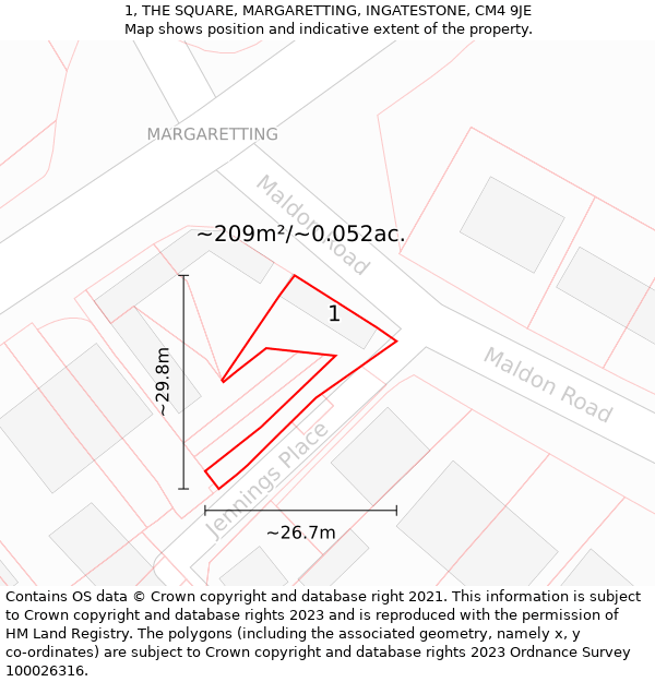 1, THE SQUARE, MARGARETTING, INGATESTONE, CM4 9JE: Plot and title map