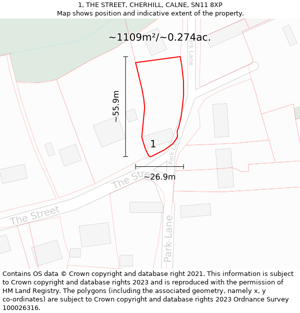 1, THE STREET, CHERHILL, CALNE, SN11 8XP: Plot and title map