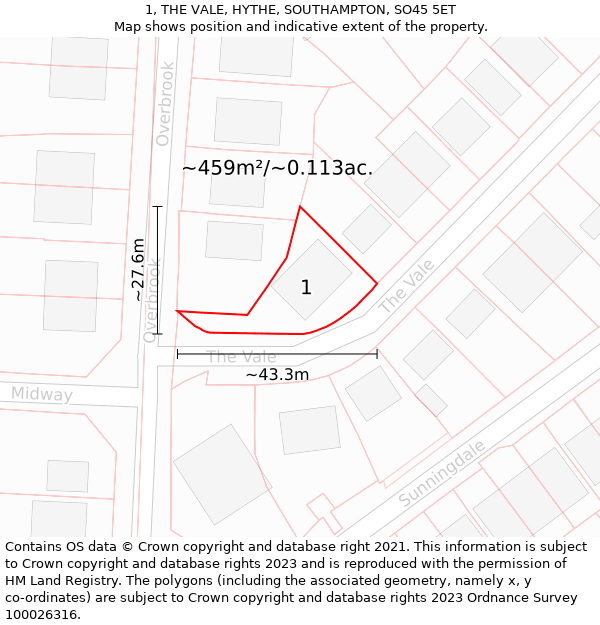 1, THE VALE, HYTHE, SOUTHAMPTON, SO45 5ET: Plot and title map