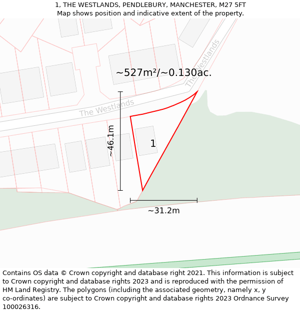 1, THE WESTLANDS, PENDLEBURY, MANCHESTER, M27 5FT: Plot and title map