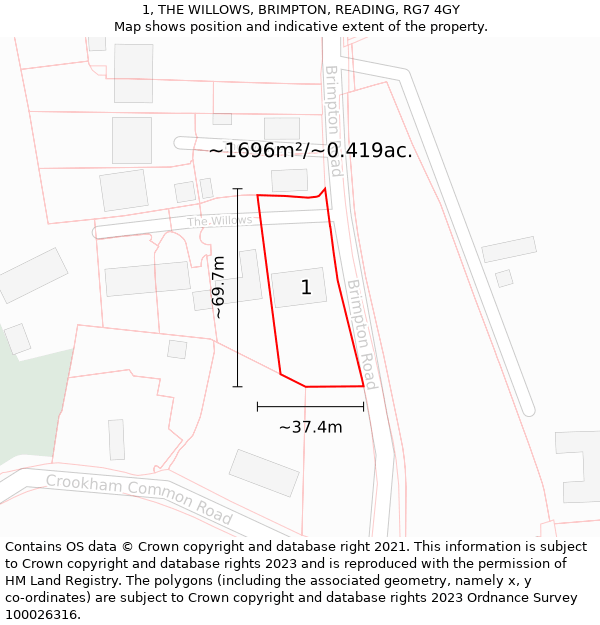 1, THE WILLOWS, BRIMPTON, READING, RG7 4GY: Plot and title map