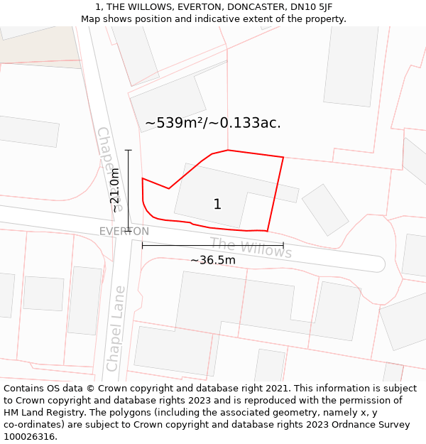 1, THE WILLOWS, EVERTON, DONCASTER, DN10 5JF: Plot and title map