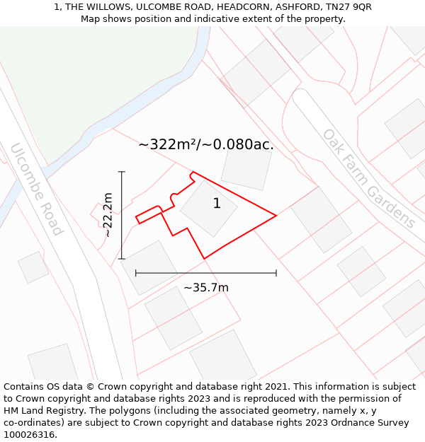 1, THE WILLOWS, ULCOMBE ROAD, HEADCORN, ASHFORD, TN27 9QR: Plot and title map
