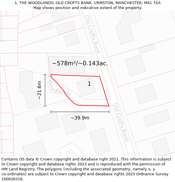 1, THE WOODLANDS, OLD CROFTS BANK, URMSTON, MANCHESTER, M41 7AA: Plot and title map