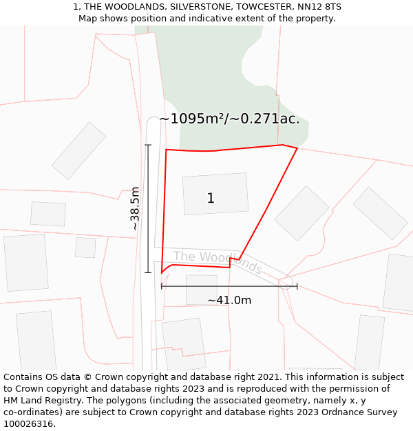 1, THE WOODLANDS, SILVERSTONE, TOWCESTER, NN12 8TS: Plot and title map