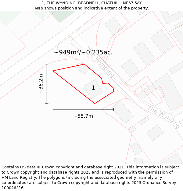 1, THE WYNDING, BEADNELL, CHATHILL, NE67 5AY: Plot and title map