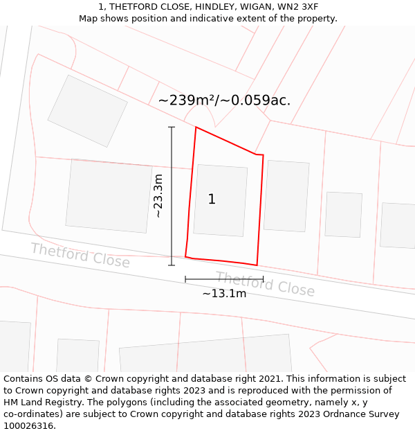 1, THETFORD CLOSE, HINDLEY, WIGAN, WN2 3XF: Plot and title map