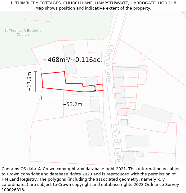 1, THIMBLEBY COTTAGES, CHURCH LANE, HAMPSTHWAITE, HARROGATE, HG3 2HB: Plot and title map