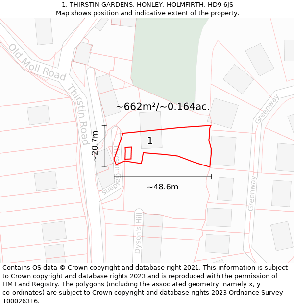 1, THIRSTIN GARDENS, HONLEY, HOLMFIRTH, HD9 6JS: Plot and title map