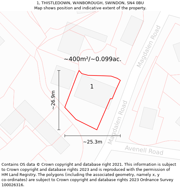 1, THISTLEDOWN, WANBOROUGH, SWINDON, SN4 0BU: Plot and title map