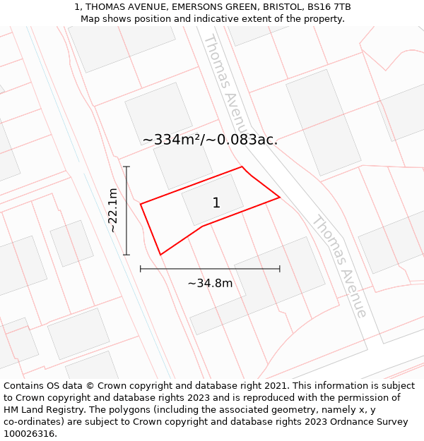 1, THOMAS AVENUE, EMERSONS GREEN, BRISTOL, BS16 7TB: Plot and title map