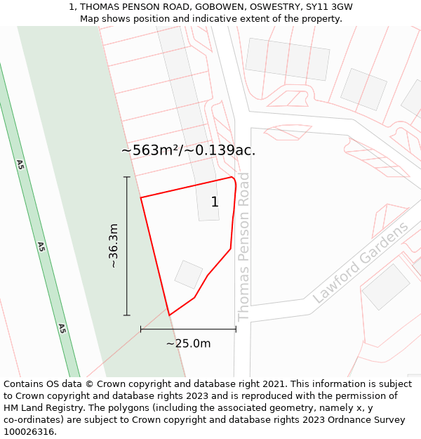 1, THOMAS PENSON ROAD, GOBOWEN, OSWESTRY, SY11 3GW: Plot and title map