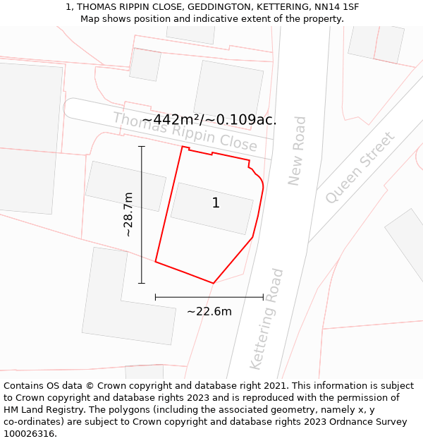 1, THOMAS RIPPIN CLOSE, GEDDINGTON, KETTERING, NN14 1SF: Plot and title map