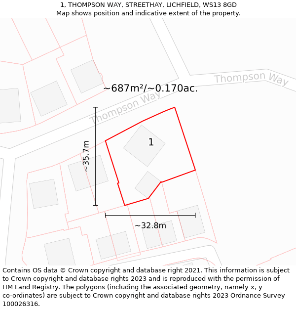 1, THOMPSON WAY, STREETHAY, LICHFIELD, WS13 8GD: Plot and title map