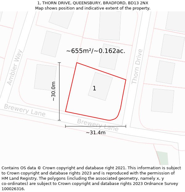 1, THORN DRIVE, QUEENSBURY, BRADFORD, BD13 2NX: Plot and title map