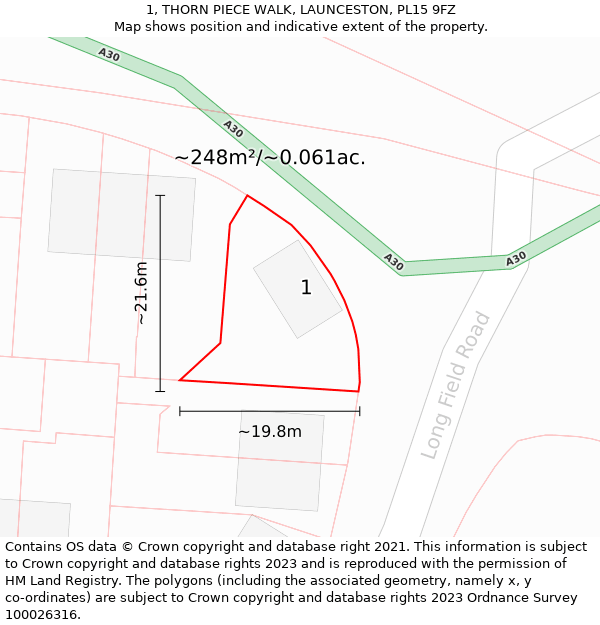 1, THORN PIECE WALK, LAUNCESTON, PL15 9FZ: Plot and title map