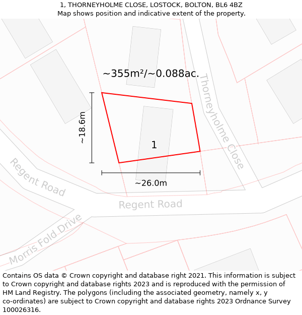 1, THORNEYHOLME CLOSE, LOSTOCK, BOLTON, BL6 4BZ: Plot and title map