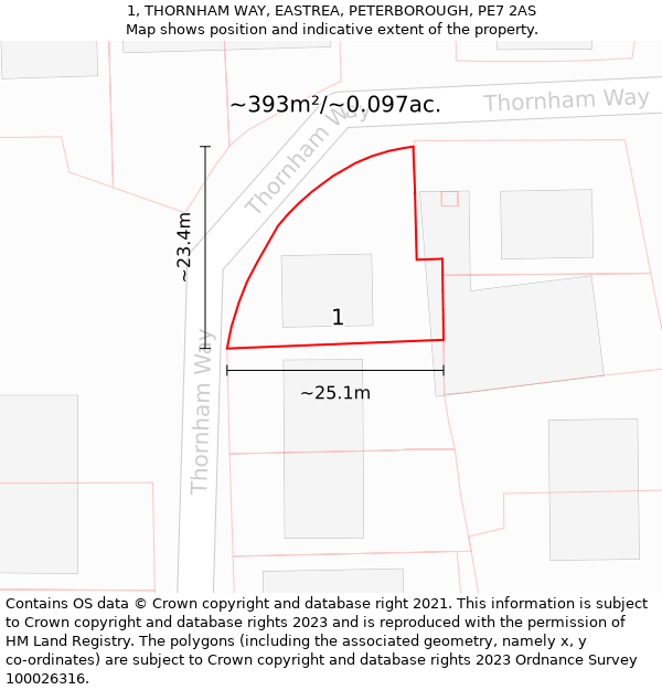 1, THORNHAM WAY, EASTREA, PETERBOROUGH, PE7 2AS: Plot and title map