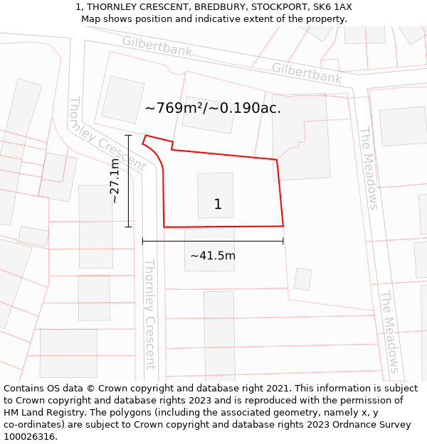 1, THORNLEY CRESCENT, BREDBURY, STOCKPORT, SK6 1AX: Plot and title map