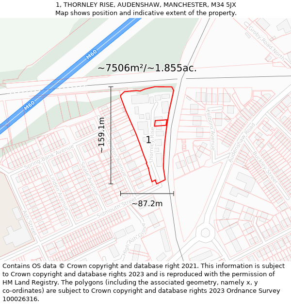 1, THORNLEY RISE, AUDENSHAW, MANCHESTER, M34 5JX: Plot and title map